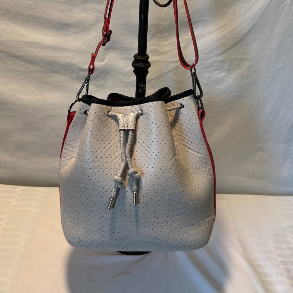 Haute Shore, ZOE Bucket Bag, Beige with green/black/red strap